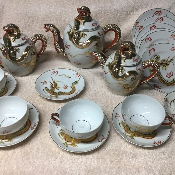 Japanese Dragonware Moriage Kutani Gold Tea Set 20 pcs Lithophane Cups - Picture 1 of 11